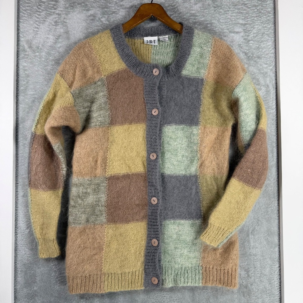 JRT Vintage Mohair Wool Patchwork Cardigan Sweater Large Multi Color Block